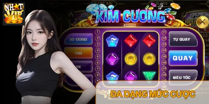 Giao diện Mini Game Kim Cương Nhatvip hiển thị mức cược và các dòng quay